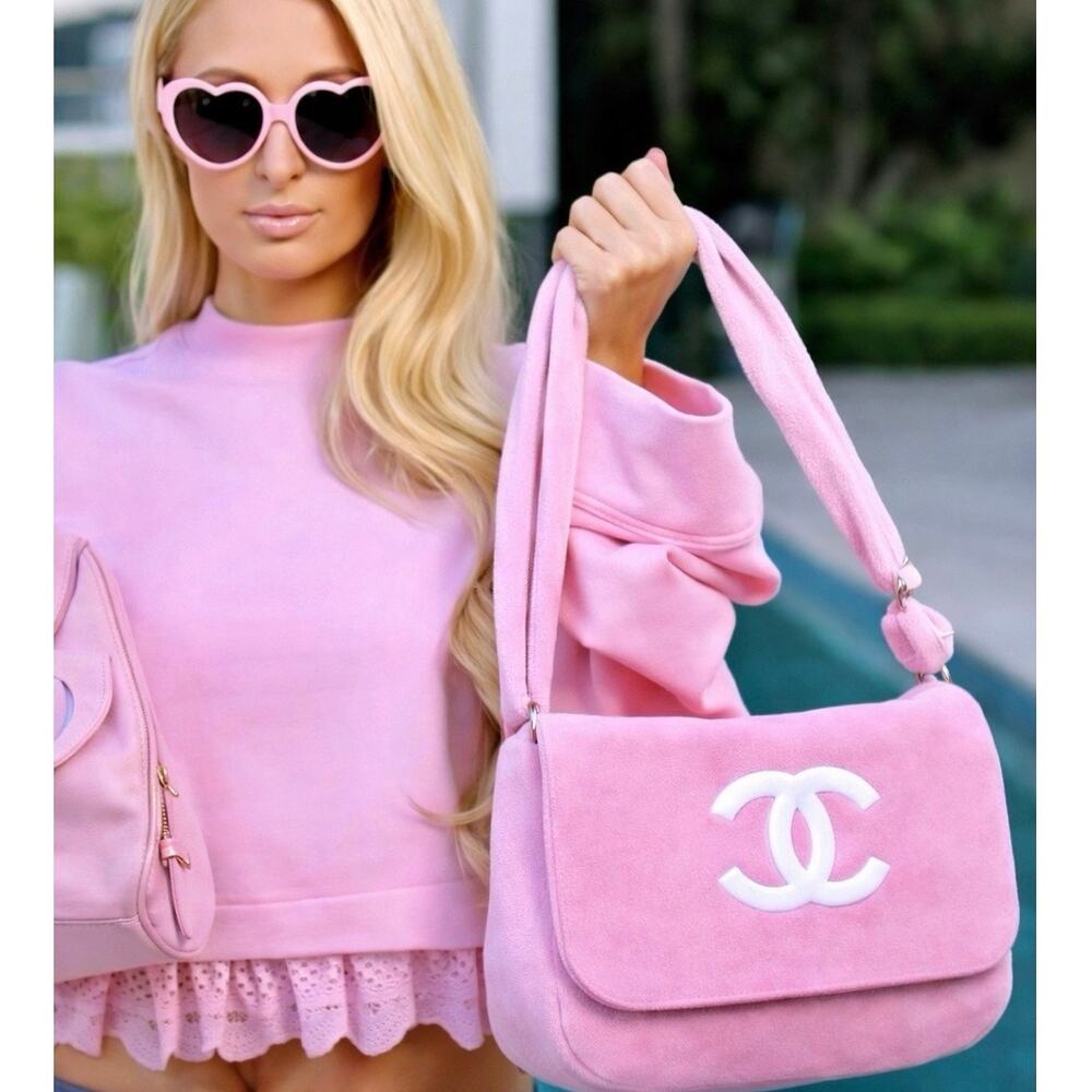 NEW Chanel Precision Pink Terry Cloth Logo Crossbody Shoulder Bag Plush Rare